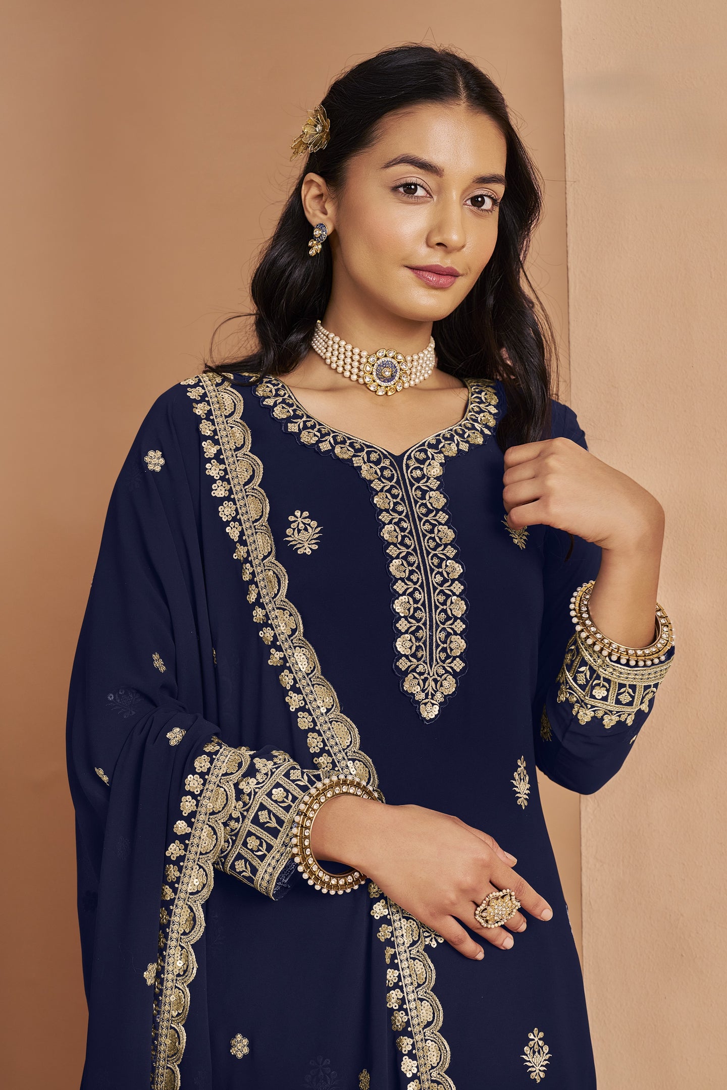 Navyblack Georgette Latest Plazo Design for Wedding with Embroidery