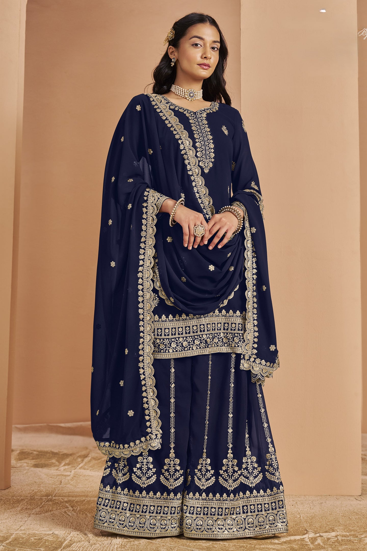 Navyblack Georgette Latest Plazo Design for Wedding with Embroidery