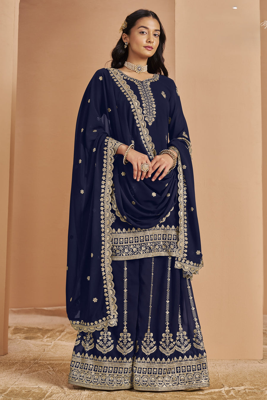 Navyblack Georgette Latest Plazo Design for Wedding with Embroidery