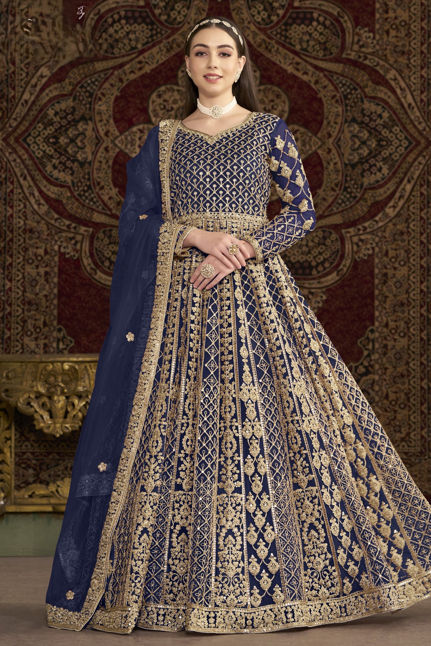 Navy Blue Net Anarkali Suits for Wedding with Dori and Sequins Work