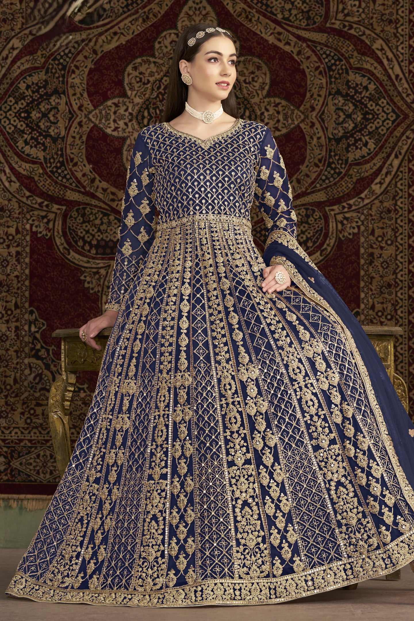 Navy Blue Net Anarkali Suits for Wedding with Dori and Sequins Work
