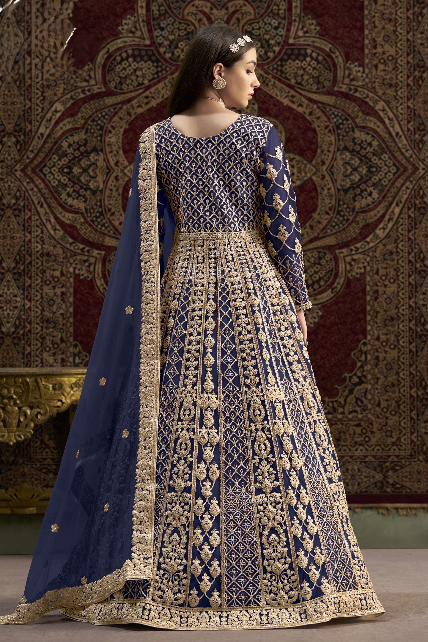 Navy Blue Net Anarkali Suits for Wedding with Dori and Sequins Work