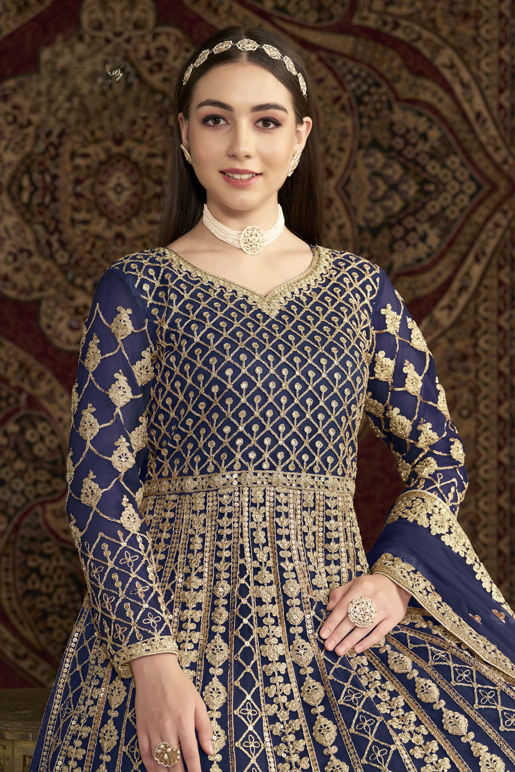 Navy Blue Net Anarkali Suits for Wedding with Dori and Sequins Work