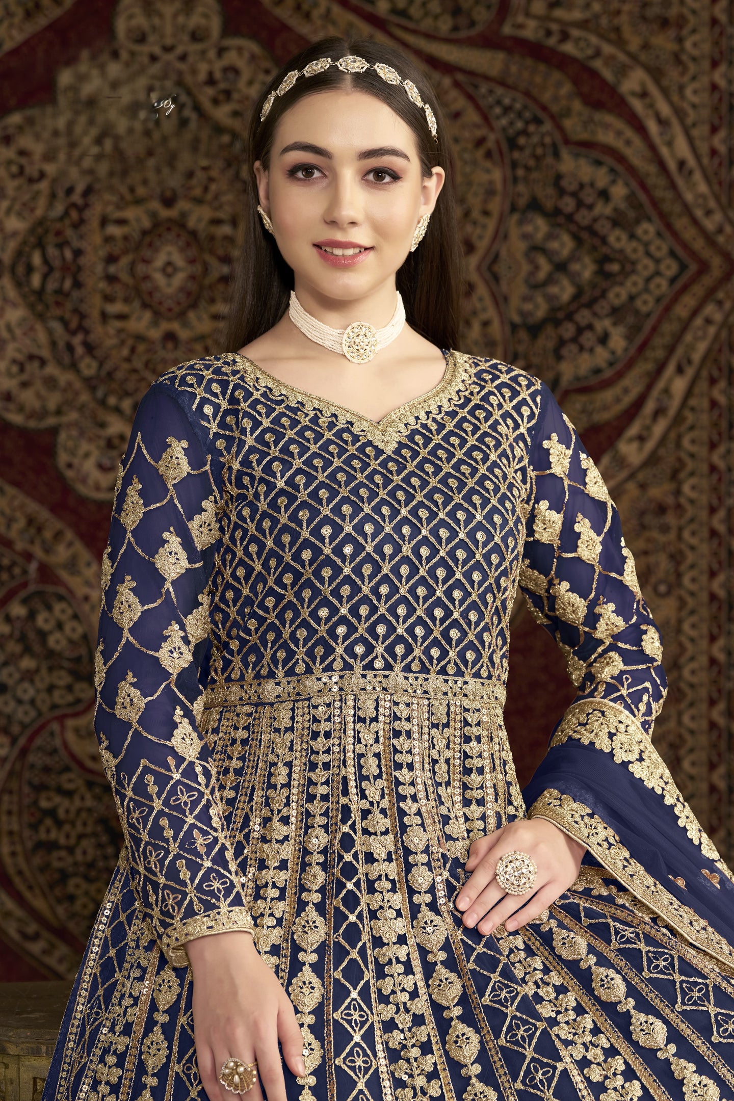 Navy Blue Net Anarkali Suits for Wedding with Dori and Sequins Work