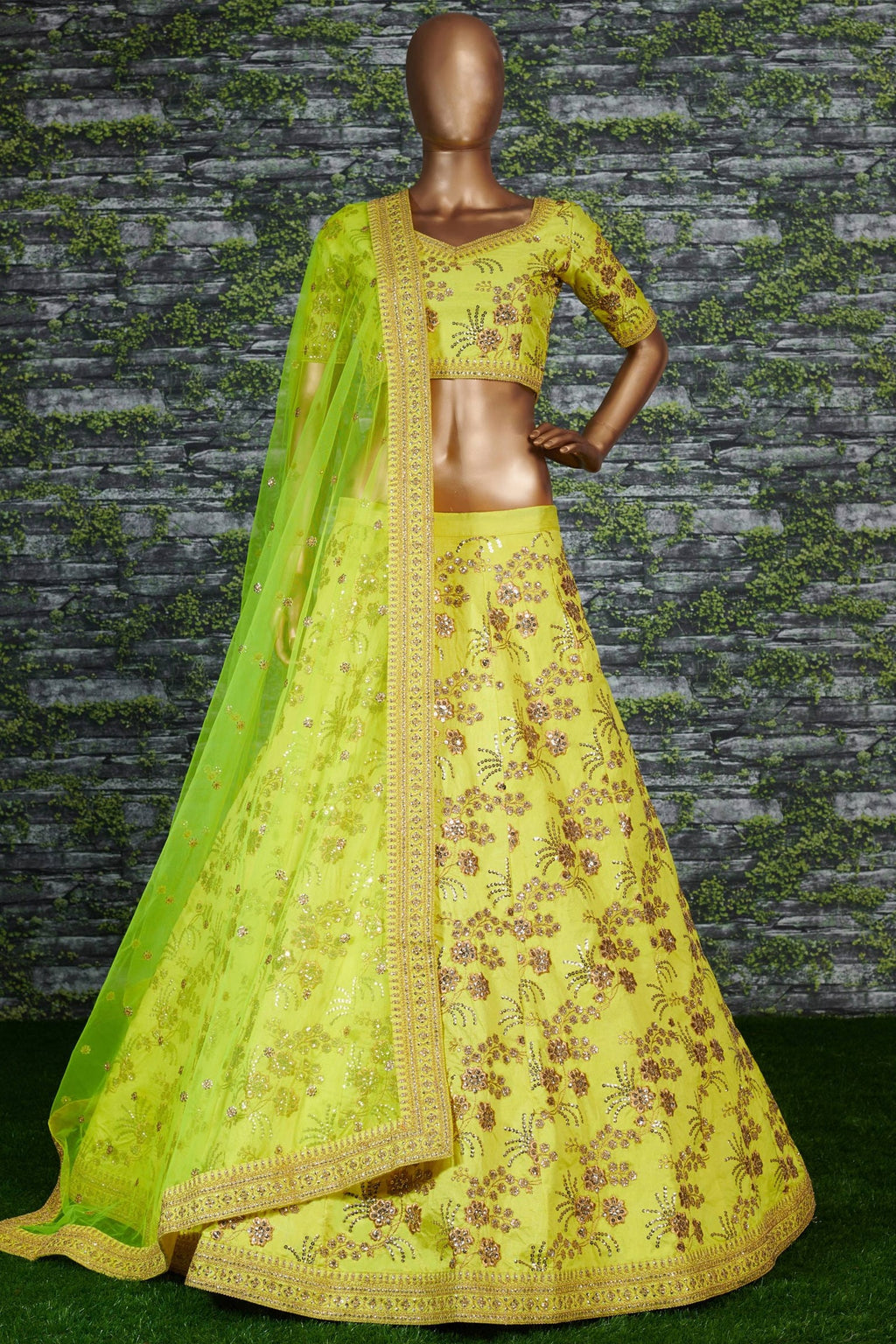 Yellow Slub Silk Lehenga Choli For Indian Festivals & Pakistani Weddings Dress - Sequence Embroidery Work, Zari Work