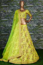 Yellow Slub Silk Lehenga Choli For Indian Festivals & Pakistani Weddings Dress - Sequence Embroidery Work, Zari Work