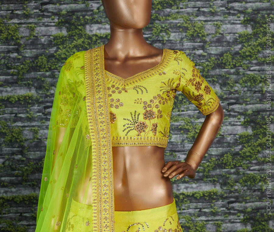 Yellow Slub Silk Lehenga Choli For Indian Festivals & Pakistani Weddings Dress - Sequence Embroidery Work, Zari Work