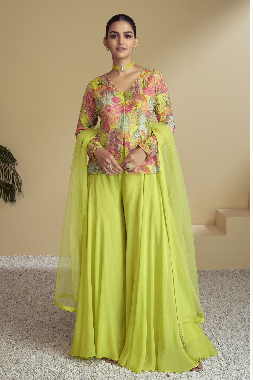 Neon Yellow Chinon Silk Plazo for Indian & Pakistani Wedding Festival - Print Work, Hand Work