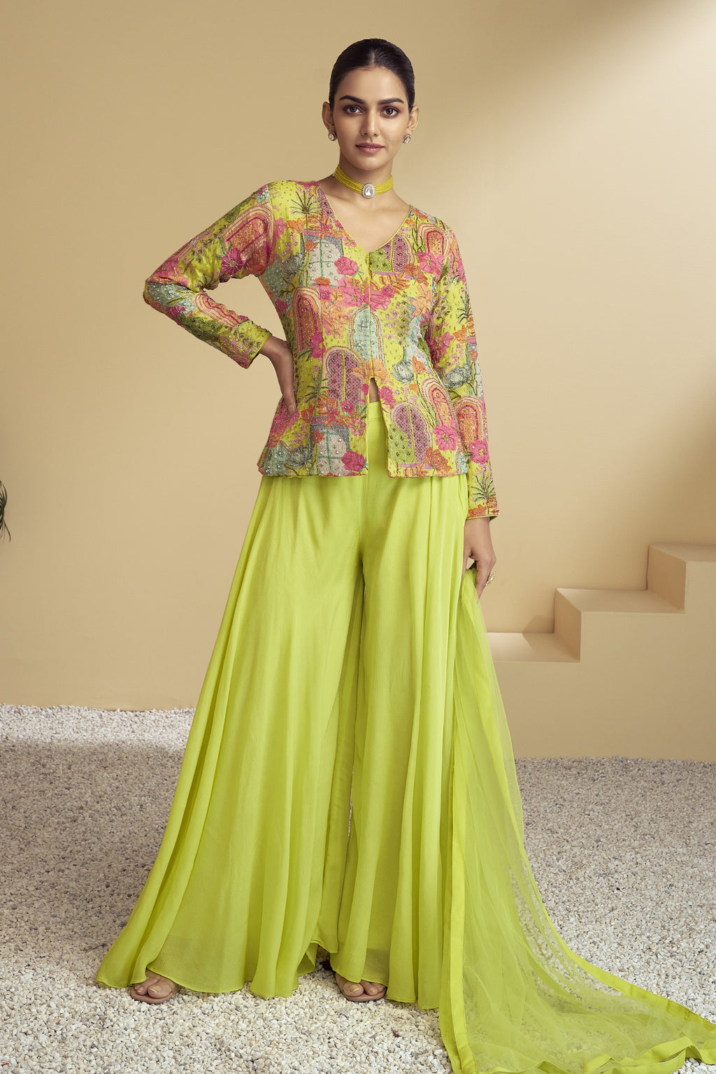 Neon Yellow Chinon Silk Plazo for Indian & Pakistani Wedding Festival - Print Work, Hand Work