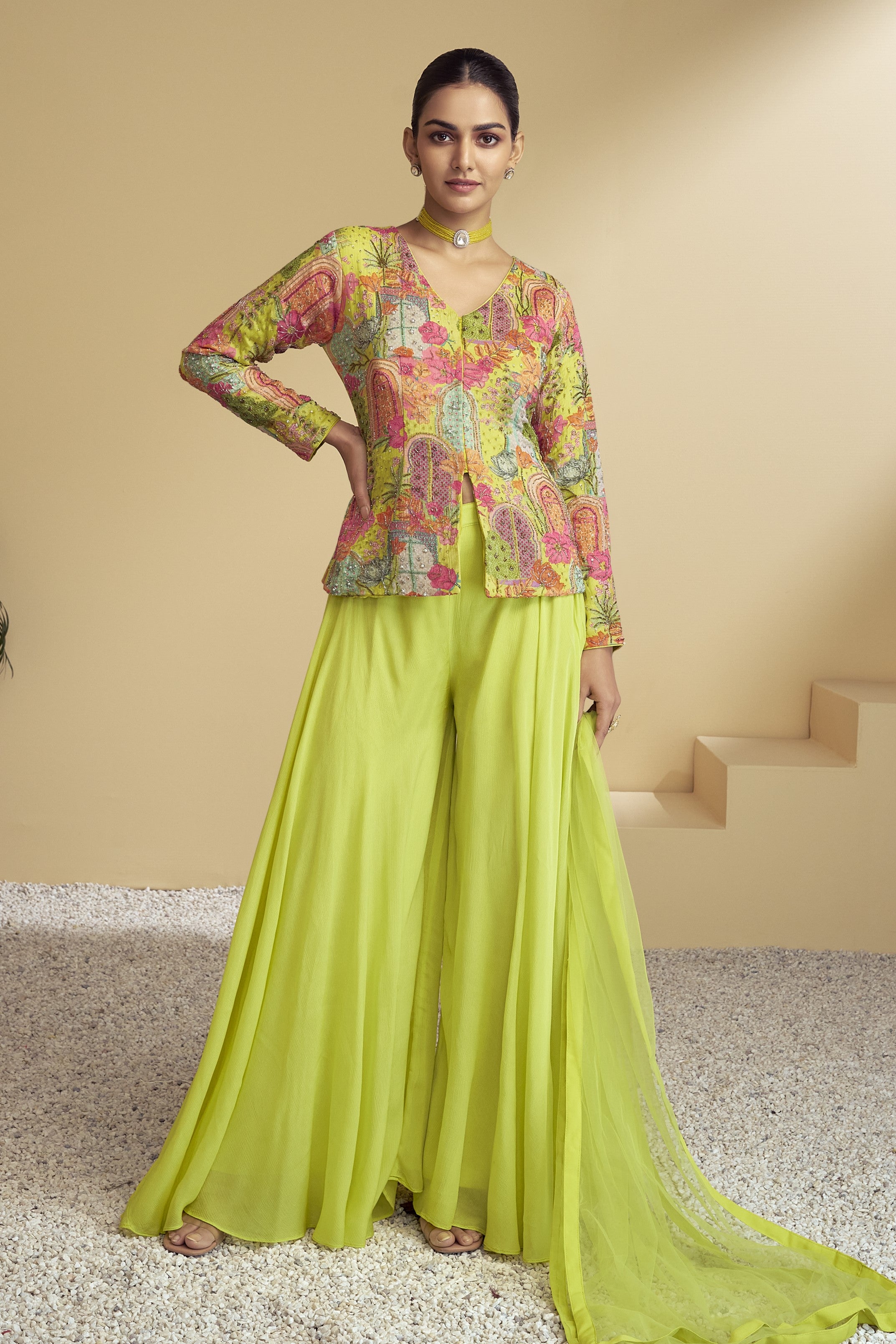 Neon Yellow Chinon Silk Plazo for Indian & Pakistani Wedding Festival - Print Work, Hand Work