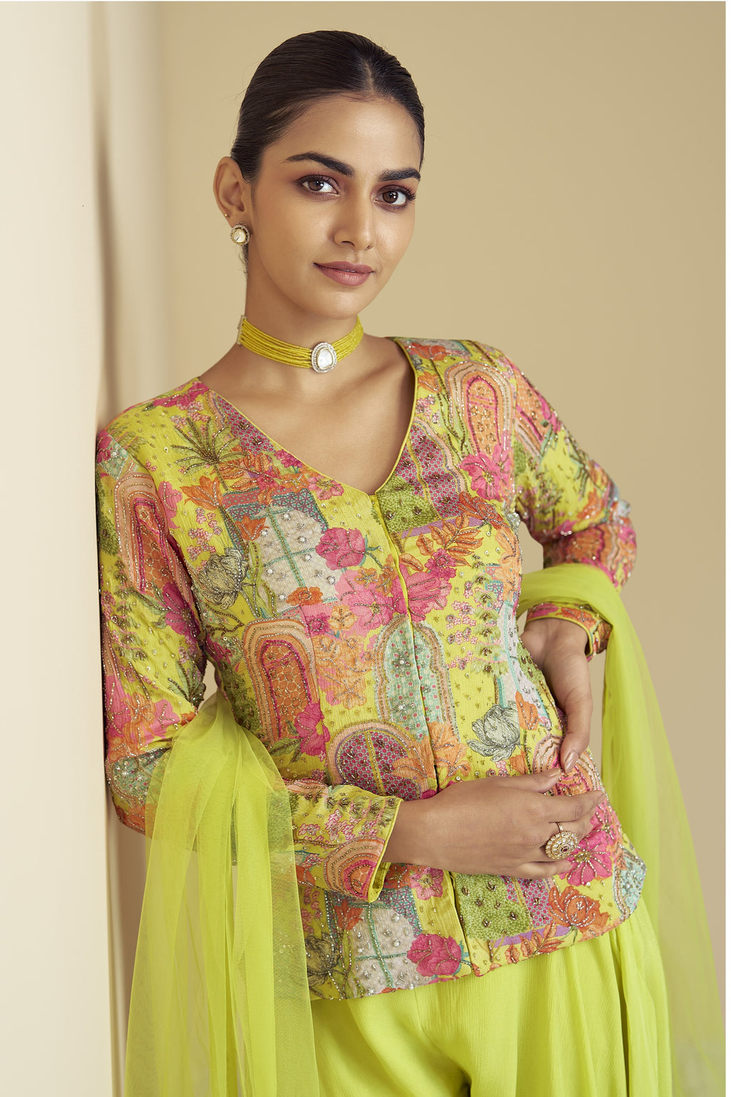 Neon Yellow Chinon Silk Plazo for Indian & Pakistani Wedding Festival - Print Work, Hand Work