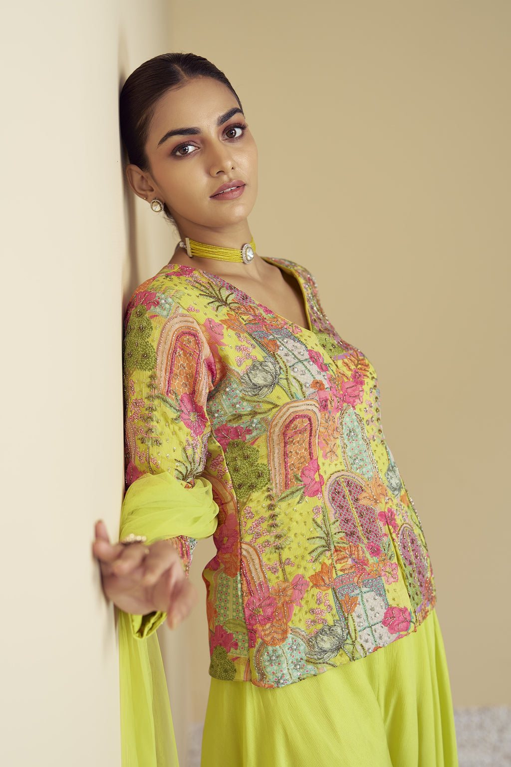 Neon Yellow Chinon Silk Plazo for Indian & Pakistani Wedding Festival - Print Work, Hand Work