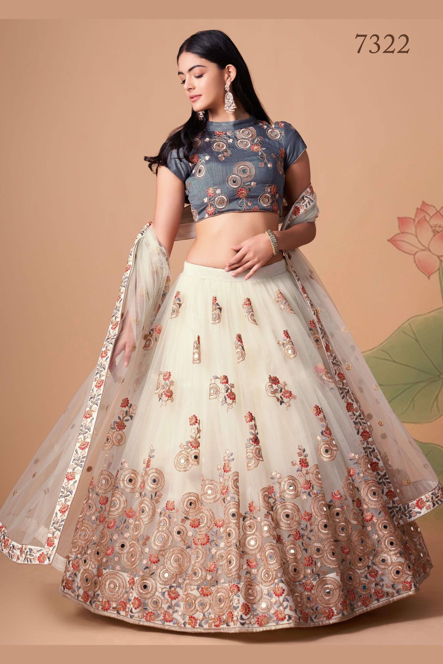 Off White Art Silk Lehenga Choli For Indian & Pakistani Wedding Festival - Sequins & Thread Embroidery Work, Zari Work, Real Mirror Work, Mirr