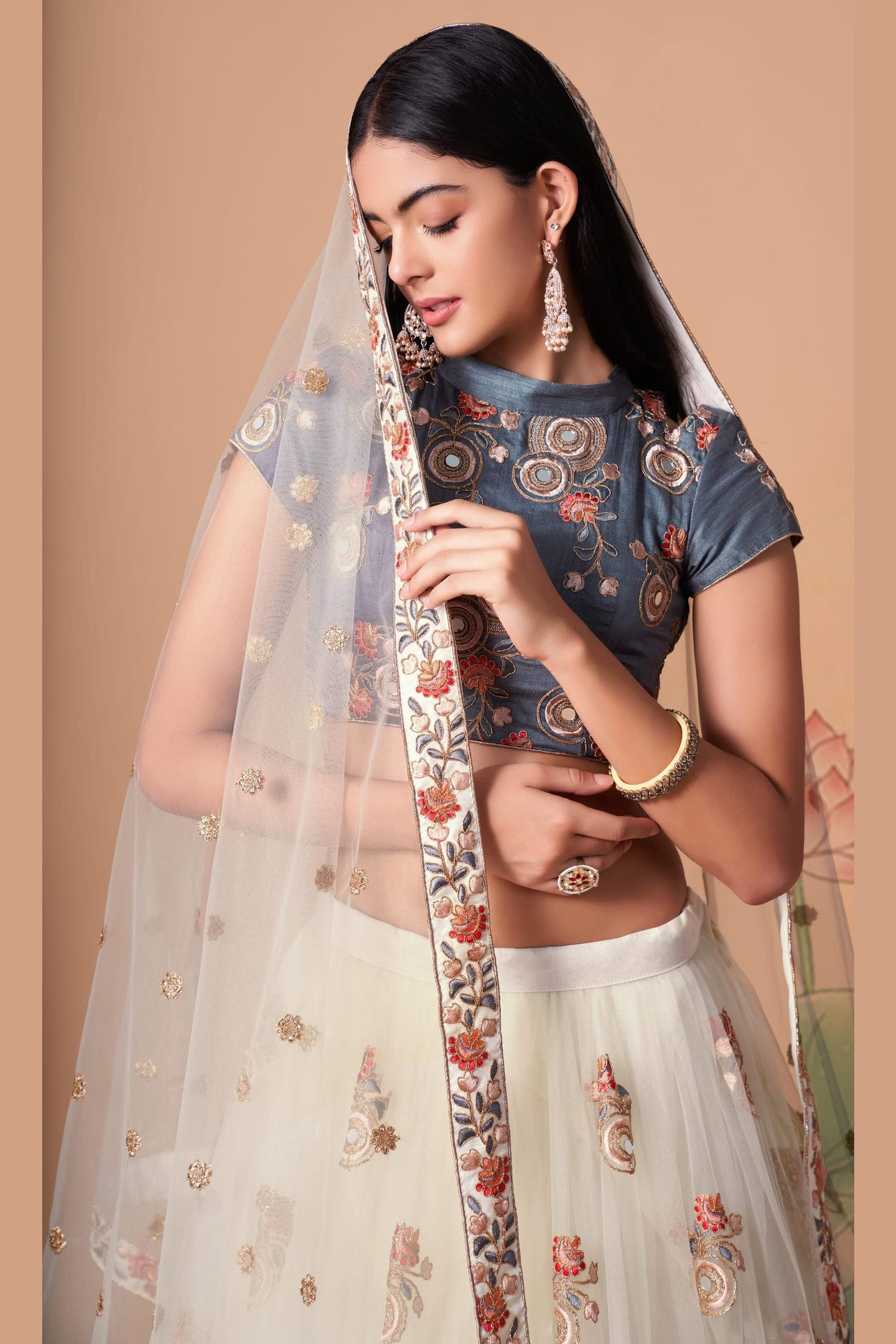 Off White Art Silk Lehenga Choli For Indian & Pakistani Wedding Festival - Sequins & Thread Embroidery Work, Zari Work, Real Mirror Work, Mirr