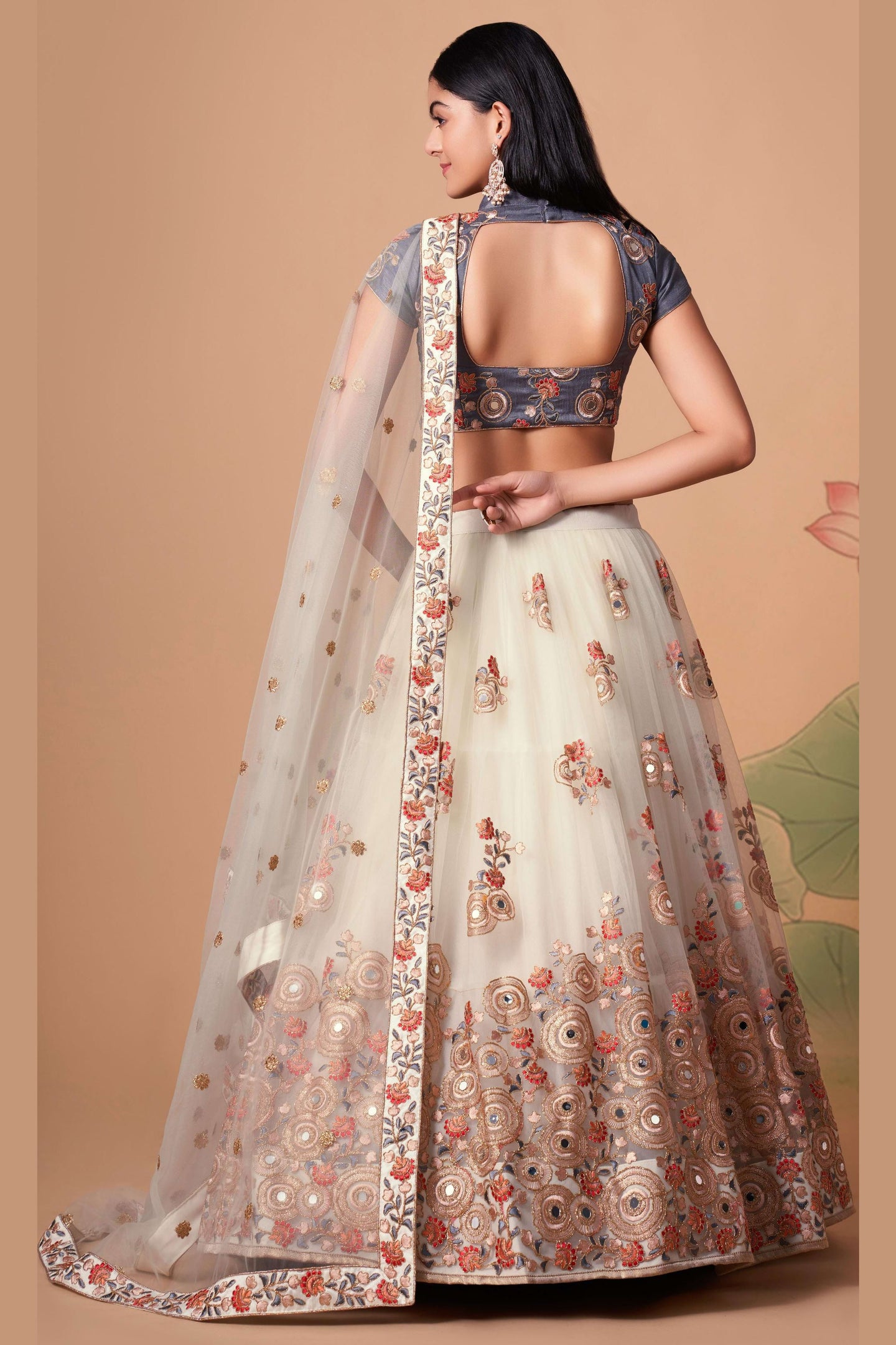 Off White Art Silk Lehenga Choli For Indian & Pakistani Wedding Festival - Sequins & Thread Embroidery Work, Zari Work, Real Mirror Work, Mirr