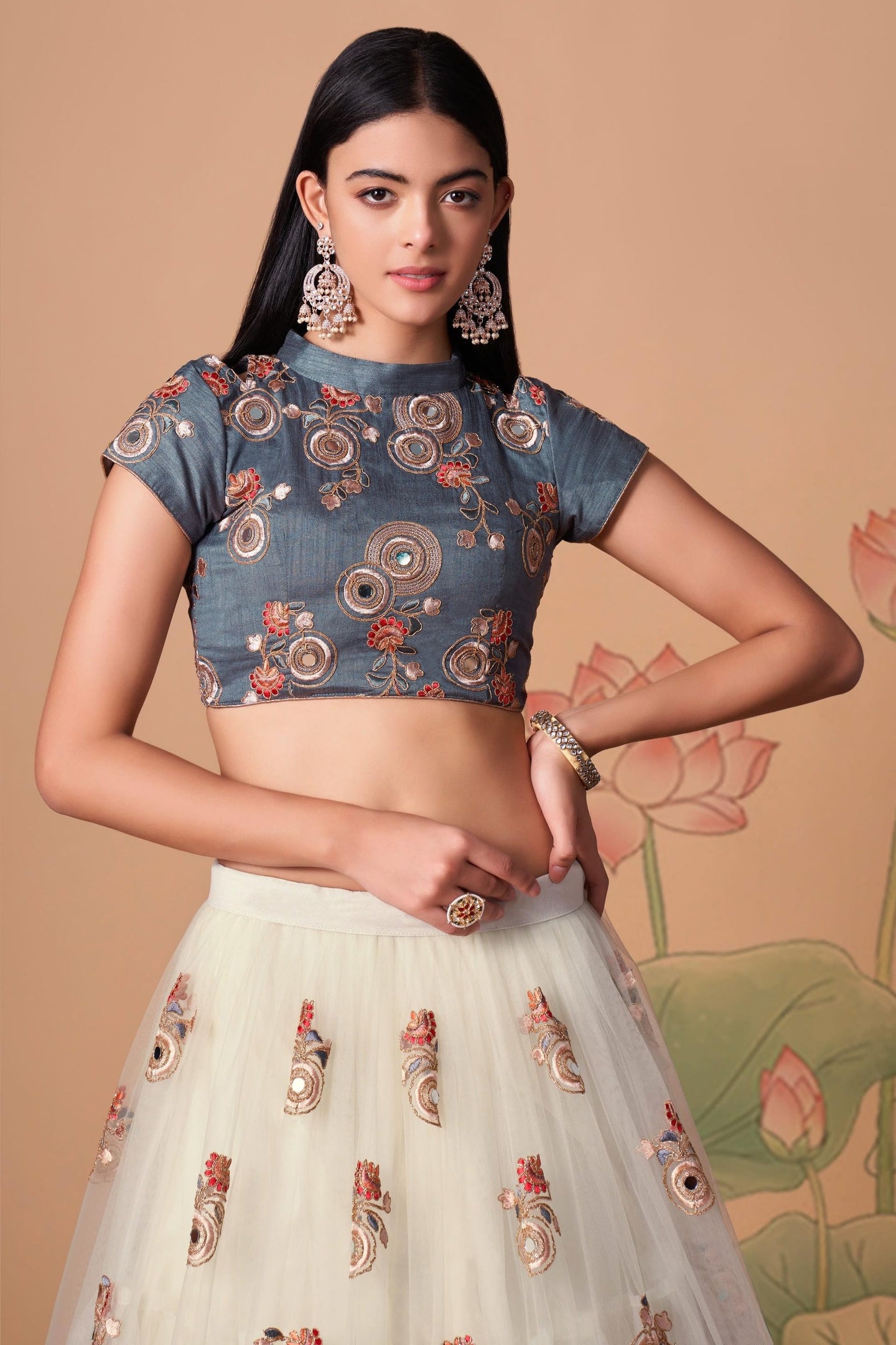 Off White Art Silk Lehenga Choli For Indian & Pakistani Wedding Festival - Sequins & Thread Embroidery Work, Zari Work, Real Mirror Work, Mirr