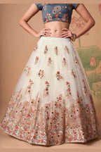 Off White Art Silk Lehenga Choli For Indian & Pakistani Wedding Festival - Sequins & Thread Embroidery Work, Zari Work, Real Mirror Work, Mirr