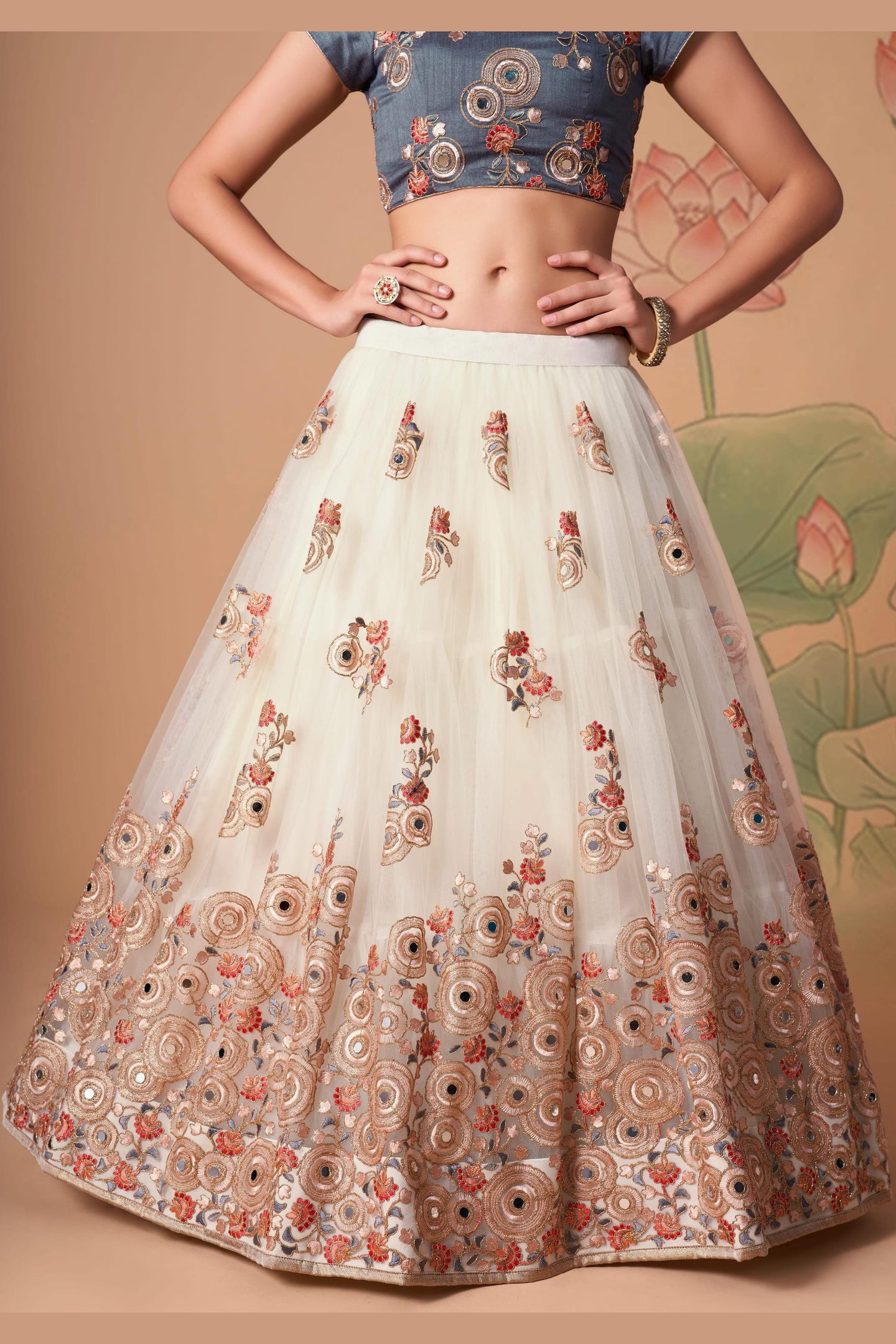 Off White Art Silk Lehenga Choli For Indian & Pakistani Wedding Festival - Sequins & Thread Embroidery Work, Zari Work, Real Mirror Work, Mirr
