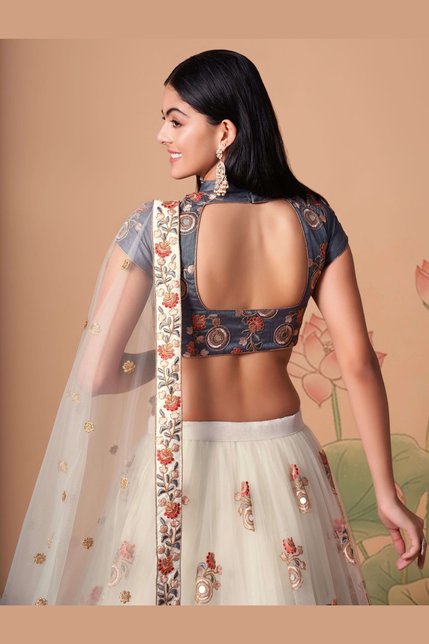Off White Art Silk Lehenga Choli For Indian & Pakistani Wedding Festival - Sequins & Thread Embroidery Work, Zari Work, Real Mirror Work, Mirr