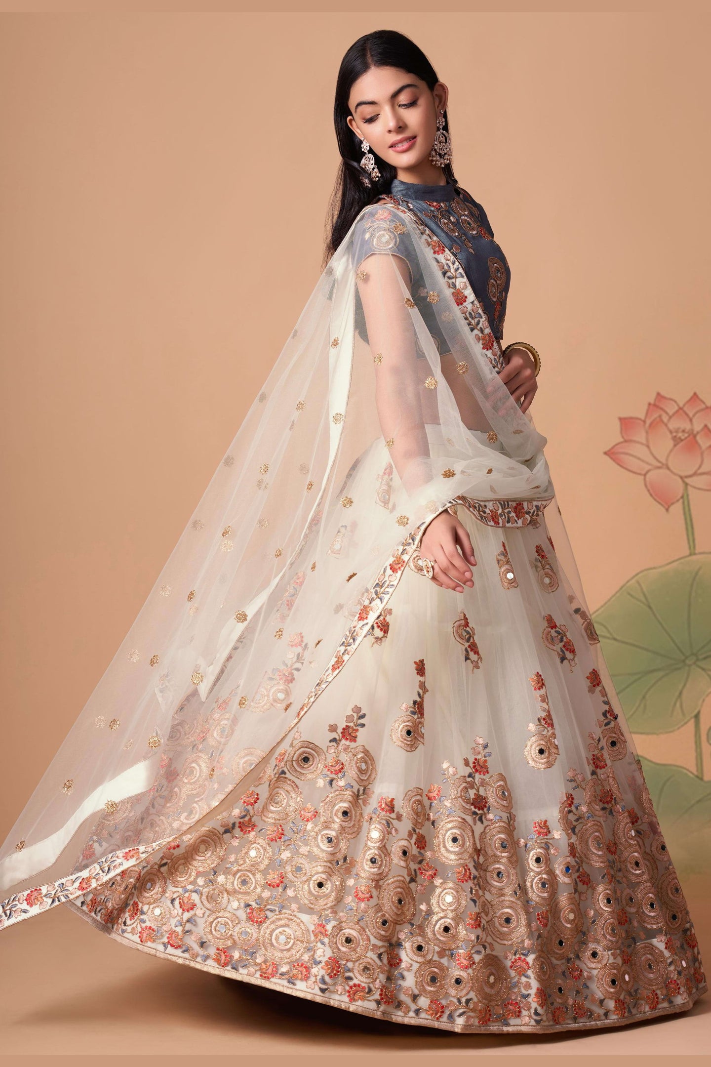 Off White Art Silk Lehenga Choli For Indian & Pakistani Wedding Festival - Sequins & Thread Embroidery Work, Zari Work, Real Mirror Work, Mirr