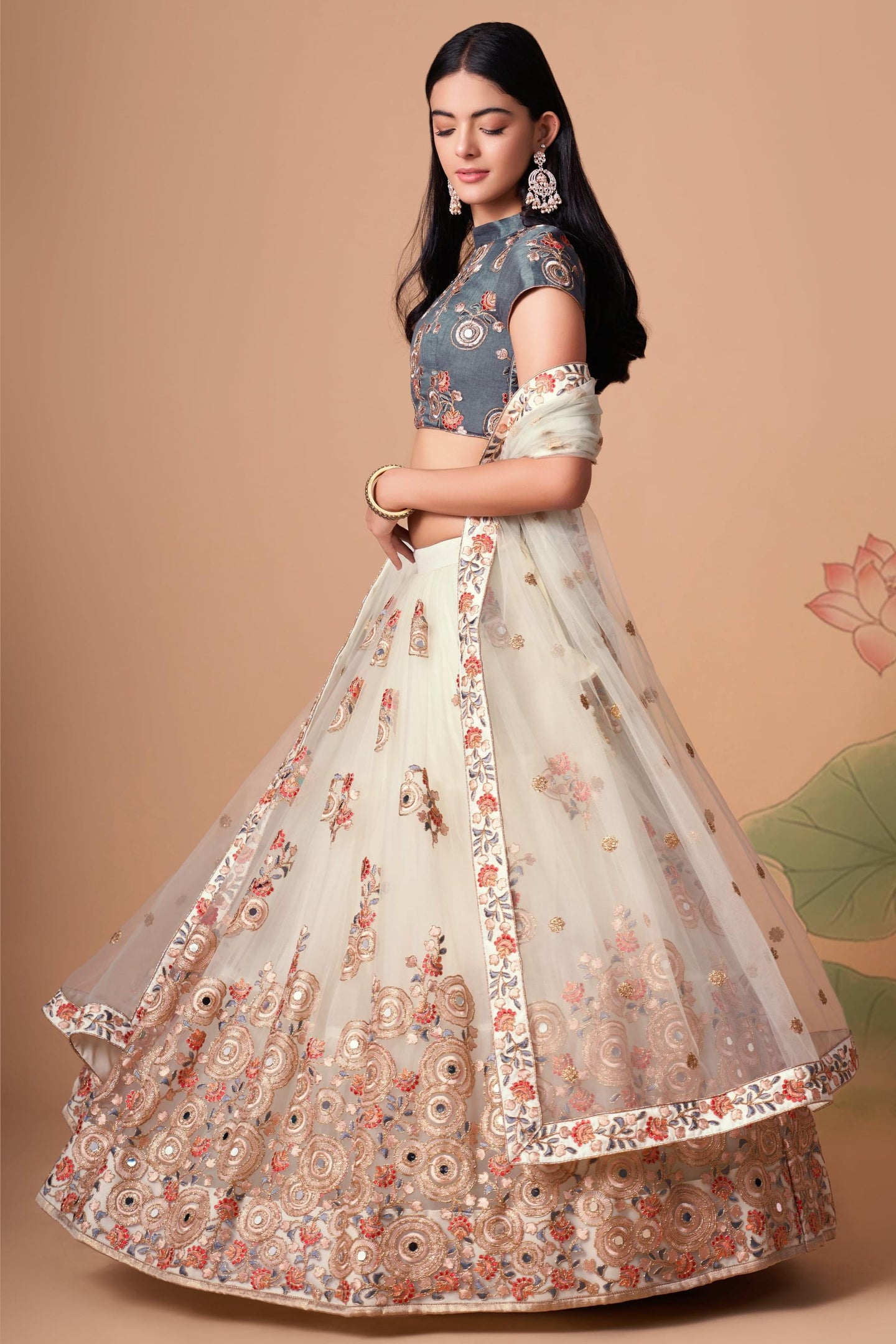 Off White Art Silk Lehenga Choli For Indian & Pakistani Wedding Festival - Sequins & Thread Embroidery Work, Zari Work, Real Mirror Work, Mirr