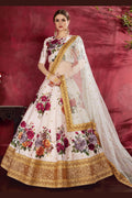 Off White Banglori Silk Flower Lehenga Choli For Indian & Pakistani Wedding Festival - Sequins & Thread Embroidery Work, Dori Work, Zari Work, Print Work