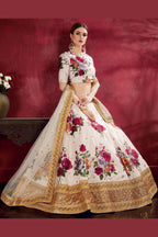 Off White Banglori Silk Flower Lehenga Choli For Indian & Pakistani Wedding Festival - Sequins & Thread Embroidery Work, Dori Work, Zari Work, Print Work