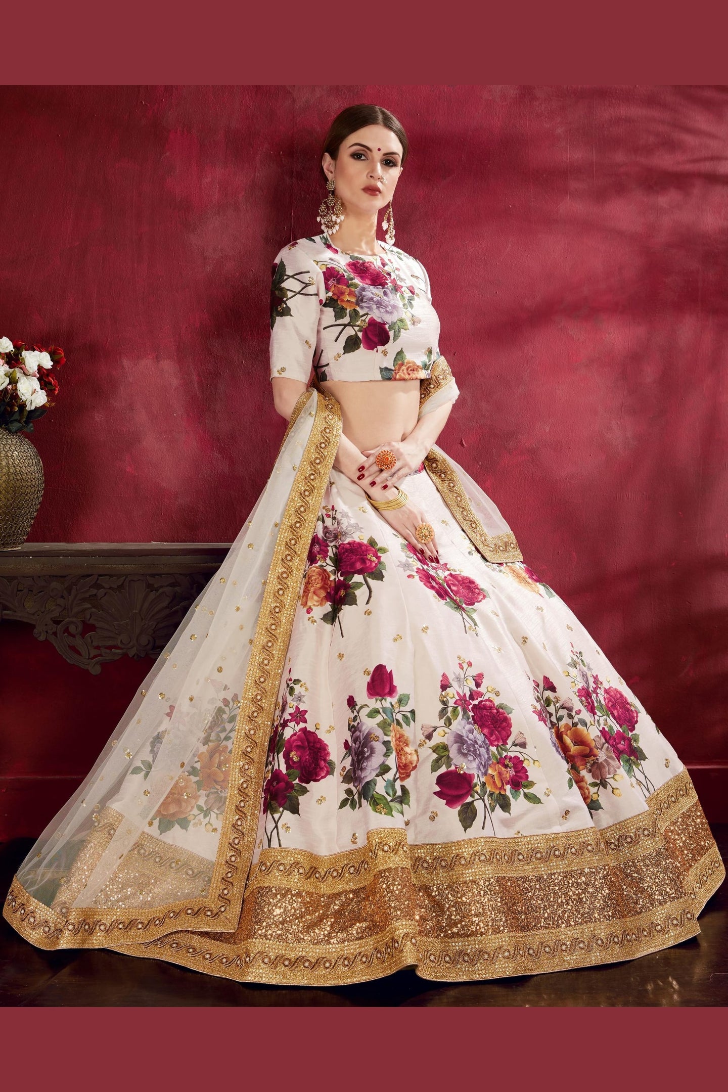 Off White Banglori Silk Flower Lehenga Choli For Indian & Pakistani Wedding Festival - Sequins & Thread Embroidery Work, Dori Work, Zari Work, Print Work