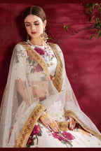 Off White Banglori Silk Flower Lehenga Choli For Indian & Pakistani Wedding Festival - Sequins & Thread Embroidery Work, Dori Work, Zari Work, Print Work