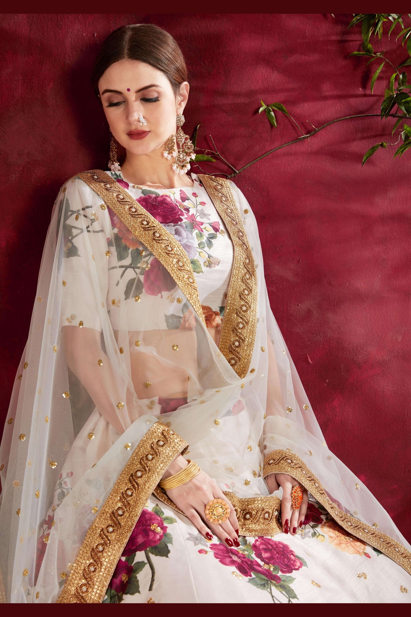 Off White Banglori Silk Flower Lehenga Choli For Indian & Pakistani Wedding Festival - Sequins & Thread Embroidery Work, Dori Work, Zari Work, Print Work