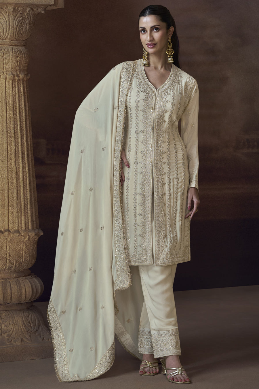 Off White Chinon Silk Kameez with Pant For Indian Festivals & Weddings - Embroidery Work