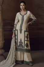 Off White Chinon Silk Kameez with Pant For Indian Festivals & Weddings - Embroidery Work
