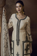 Off White Chinon Silk Kameez with Pant For Indian Festivals & Weddings - Embroidery Work