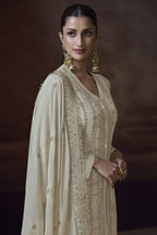 Off White Chinon Silk Kameez with Pant For Indian Festivals & Weddings - Embroidery Work
