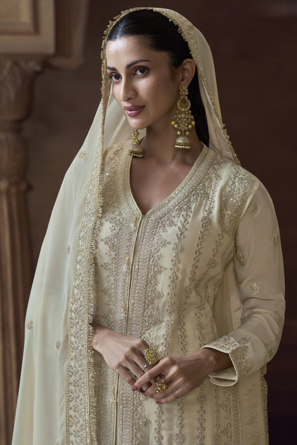 Off White Chinon Silk Kameez with Pant For Indian Festivals & Weddings - Embroidery Work