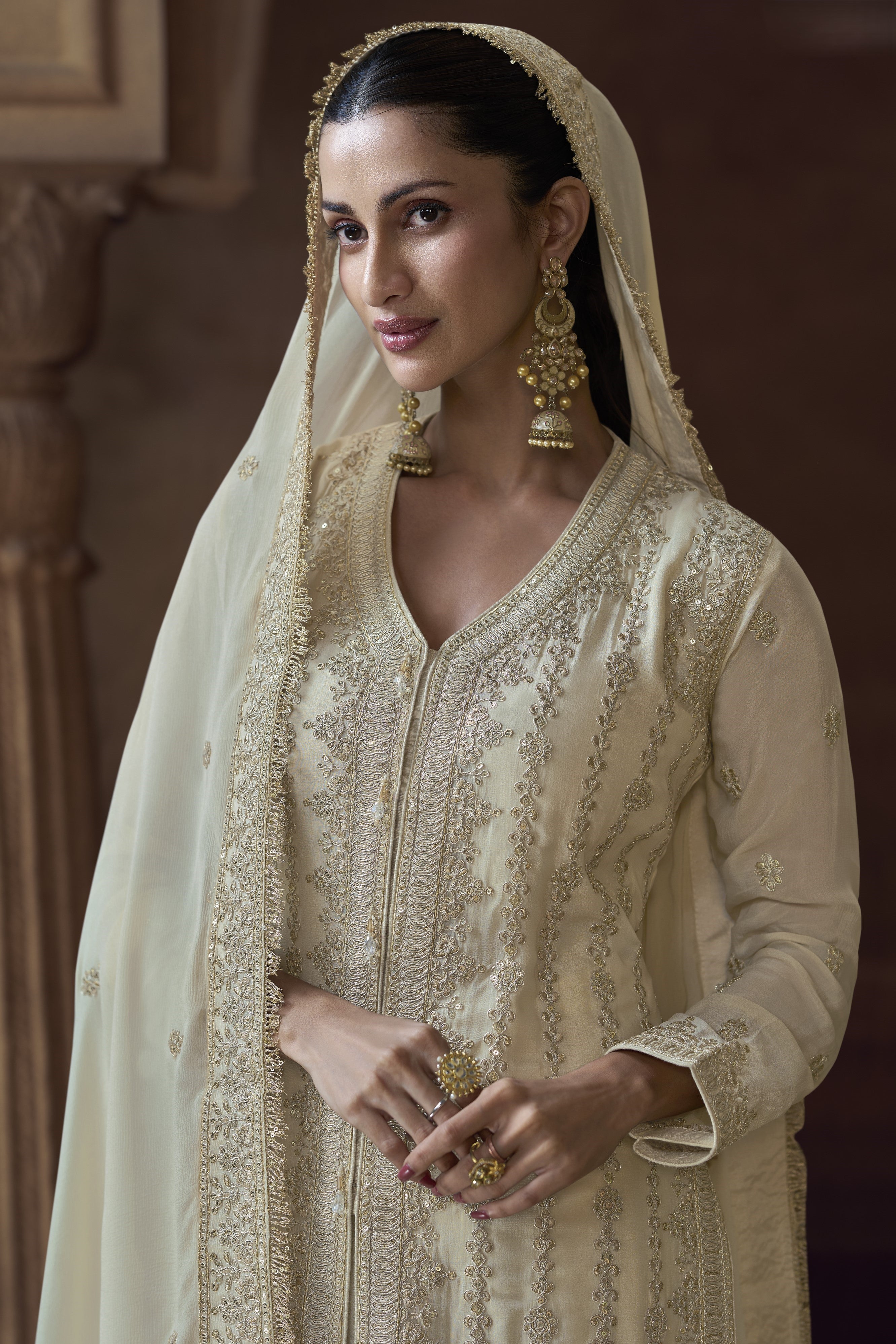 Off White Chinon Silk Kameez with Pant For Indian Festivals & Weddings - Embroidery Work