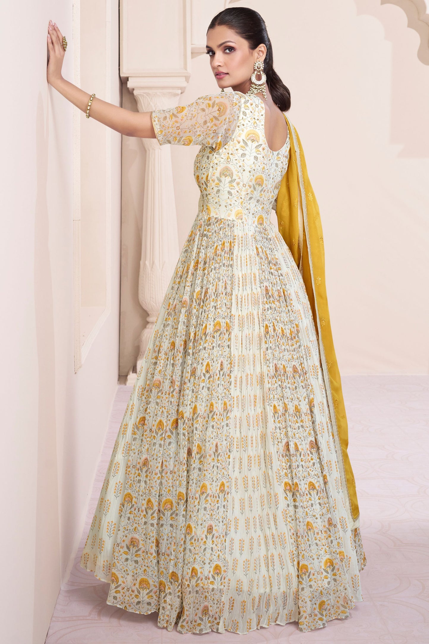 Off White Georgette & Chinon Silk Anarkali Gown For Indian Festivals & Pakistani Weddings Dress - Embroidery Work, Print Work