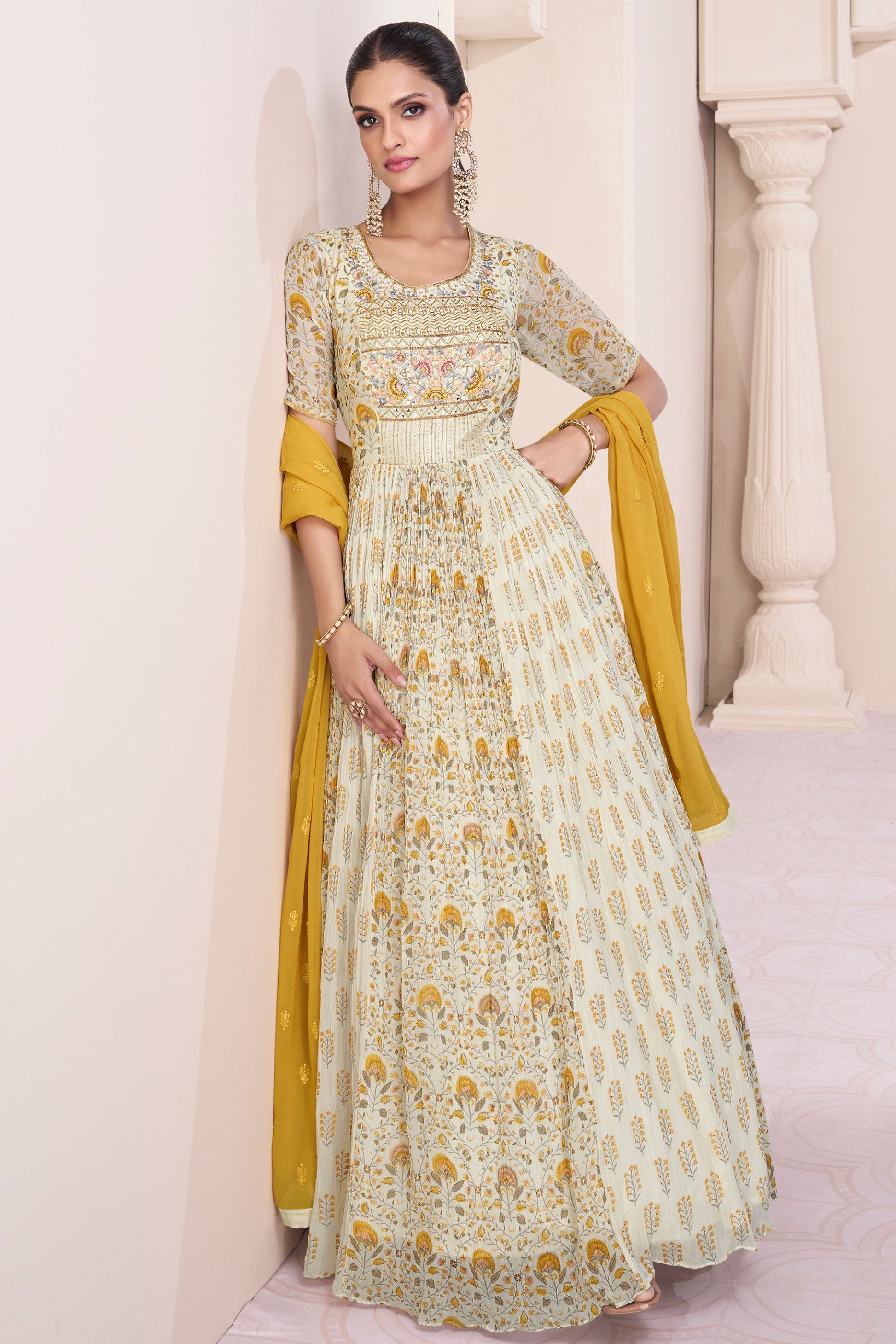 Off White Georgette & Chinon Silk Anarkali Gown For Indian Festivals & Pakistani Weddings Dress - Embroidery Work, Print Work