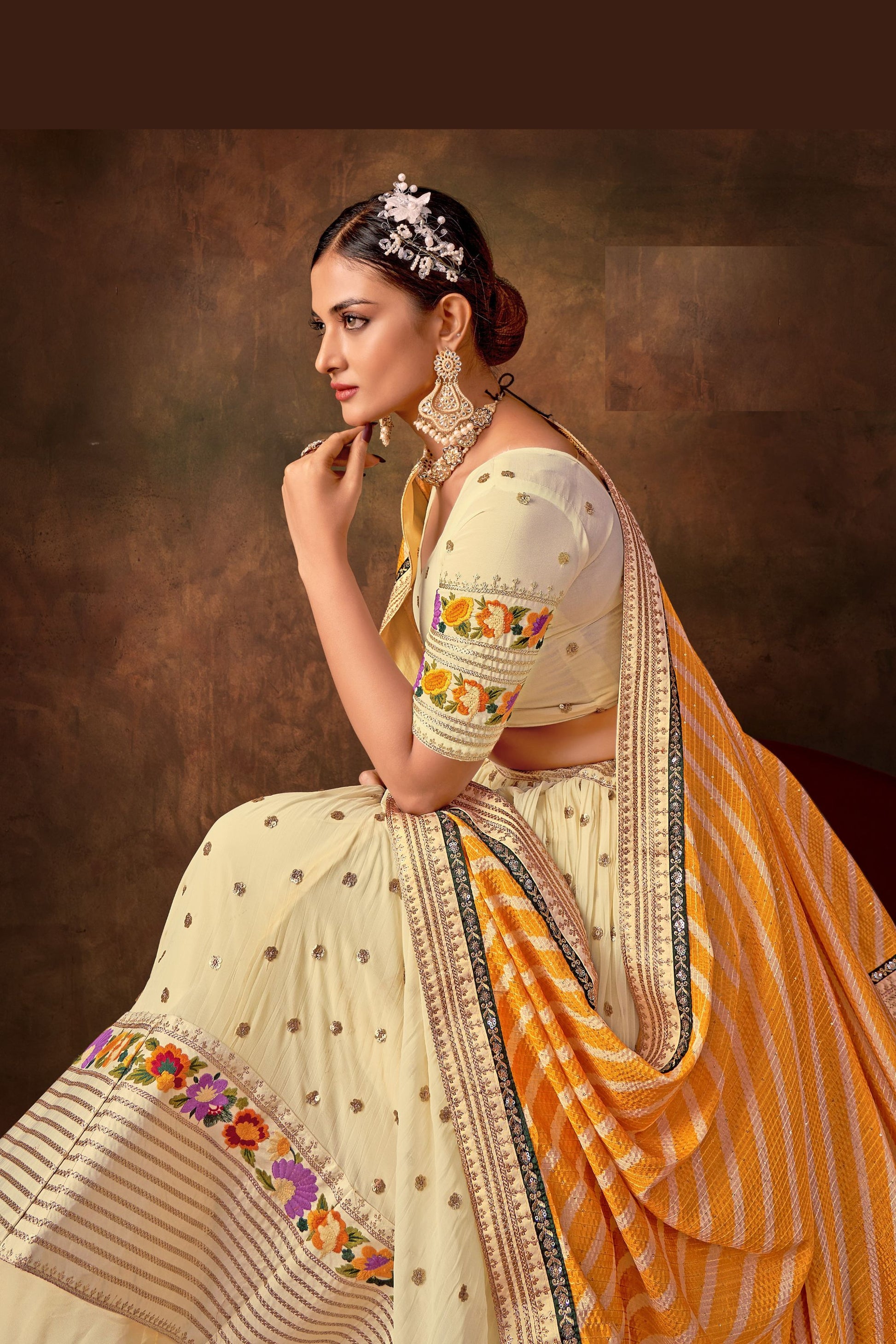 Off White Georgette Lehenga Choli For Indian Festivals & Weddings - Thread Embroidery Work, Sequence Embroidery Work