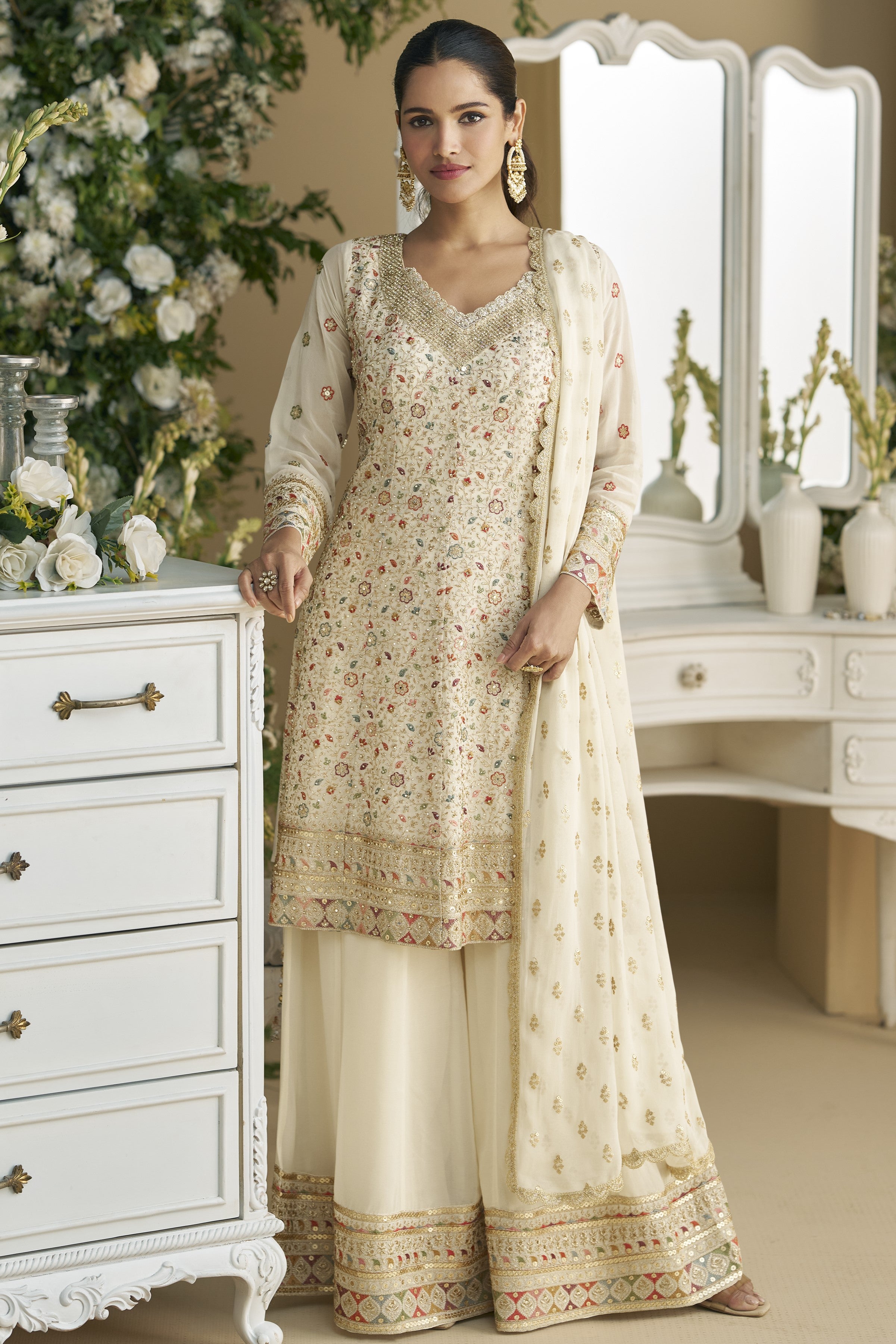 Light Beige Georgette Palazzo Suit For Indian & Pakistani Wedding Festival - Embroidery Work, Swarovski Work