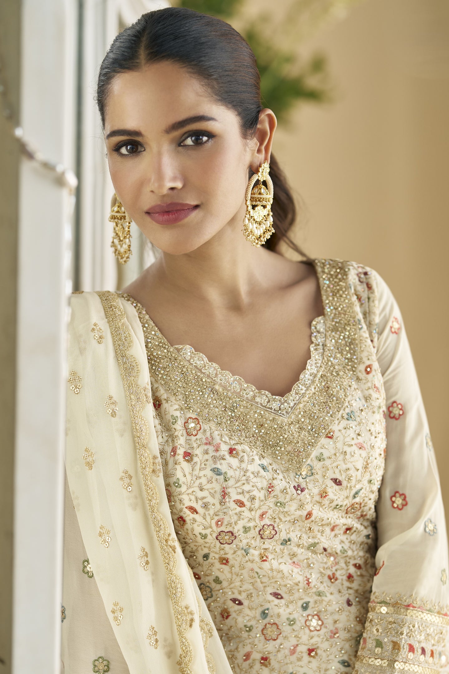 Light Beige Georgette Palazzo Suit For Indian & Pakistani Wedding Festival - Embroidery Work, Swarovski Work