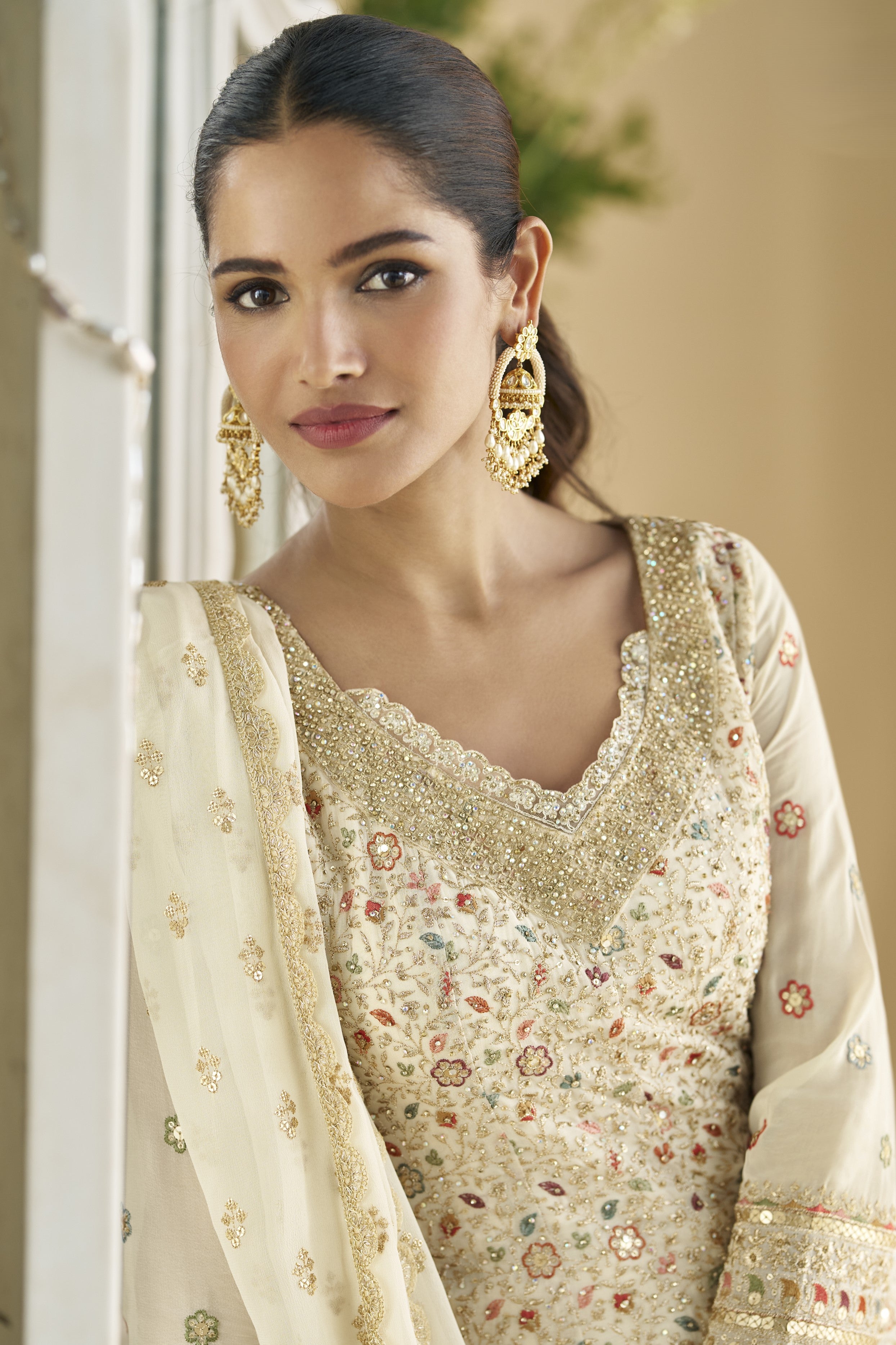 Light Beige Georgette Palazzo Suit For Indian & Pakistani Wedding Festival - Embroidery Work, Swarovski Work
