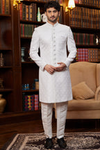 Off White Jacquard Silk Indo Western Traditional Sherwani Long Kurta & Pant for Men for Wedding - Embroidery Work