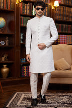 Off White Jacquard Silk Indo Western Traditional Sherwani Long Kurta & Pant for Men for Wedding - Embroidery Work