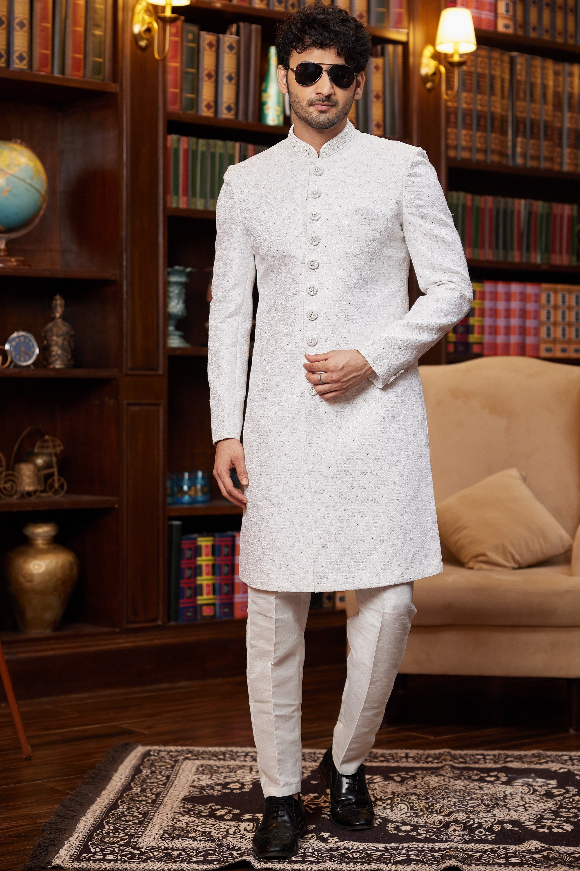 Off White Jacquard Silk Indo Western Traditional Sherwani Long Kurta & Pant for Men for Wedding - Embroidery Work