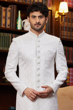 Off White Jacquard Silk Indo Western Traditional Sherwani Long Kurta & Pant for Men for Wedding - Embroidery Work