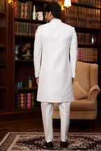 Off White Jacquard Silk Indo Western Traditional Sherwani Long Kurta & Pant for Men for Wedding - Embroidery Work