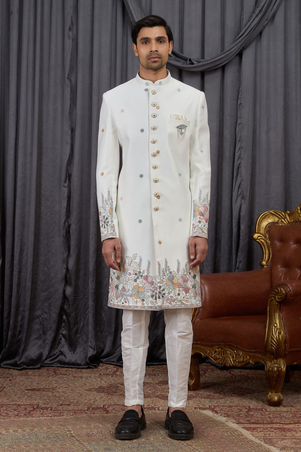 White Jacquard Wedding Kurta for Men & Pajama Sherwani