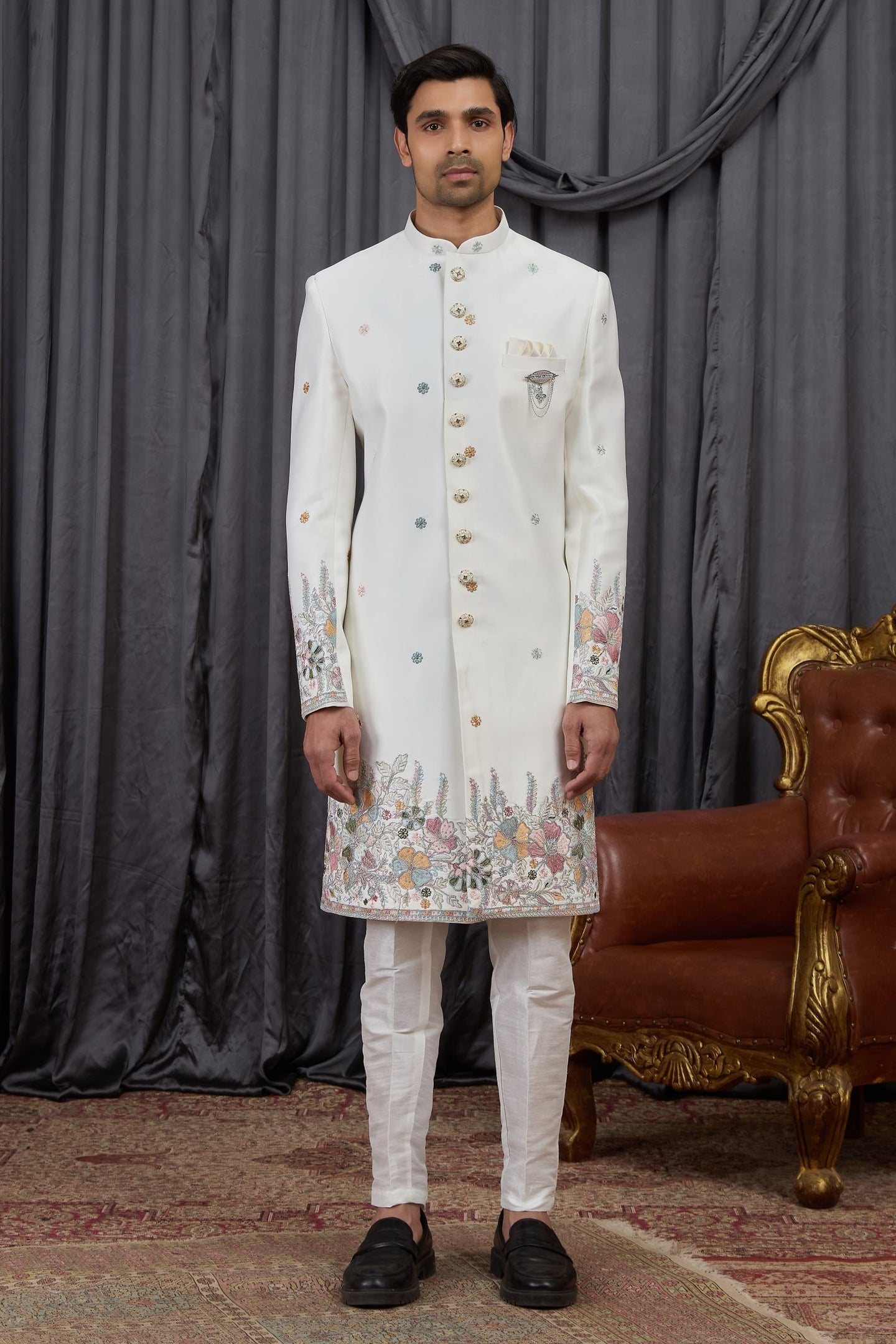 White Jacquard Wedding Kurta for Men & Pajama Sherwani