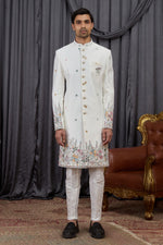 Off White Jacquard Wedding Kurta for Men & Pajama in Sherwani Style